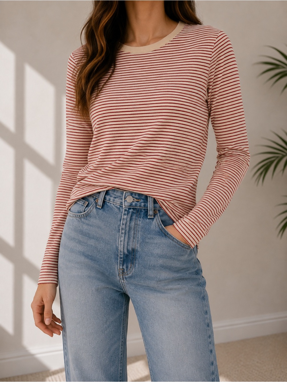 John Galt Brandy Melville Burgundy & Cream Striped Long Sleeve Top